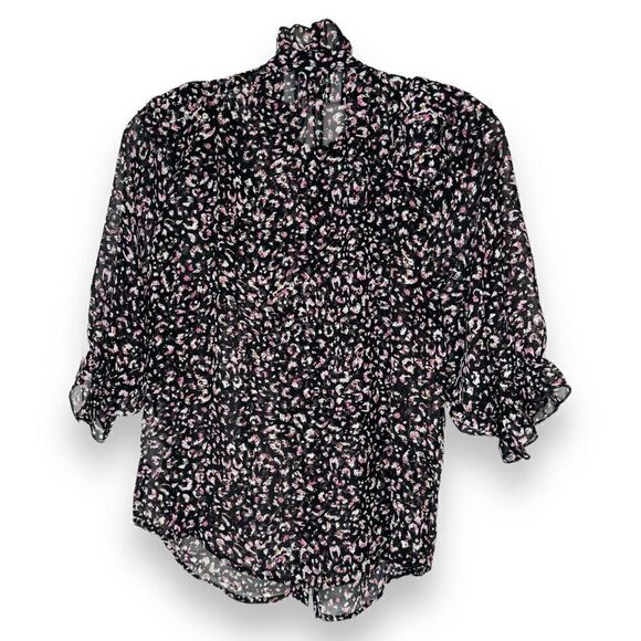 Rochelle Behrens THE SHIRT Black Pink Pattern Ruffle Short Blouse Top Women’s S - Picture 2 of 8